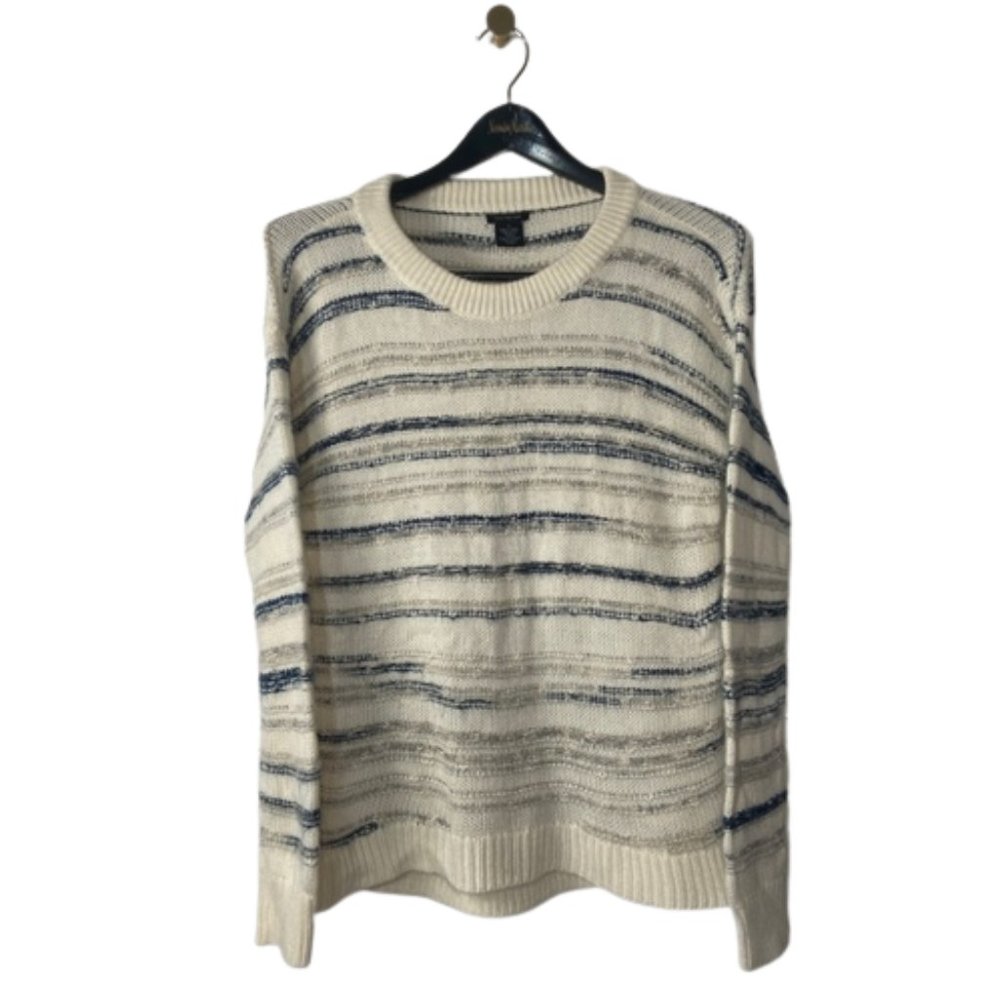 Calvin Klein Jeans Sweater Womens Medium White Stripe Blue Gray Knit Long Sleeve
